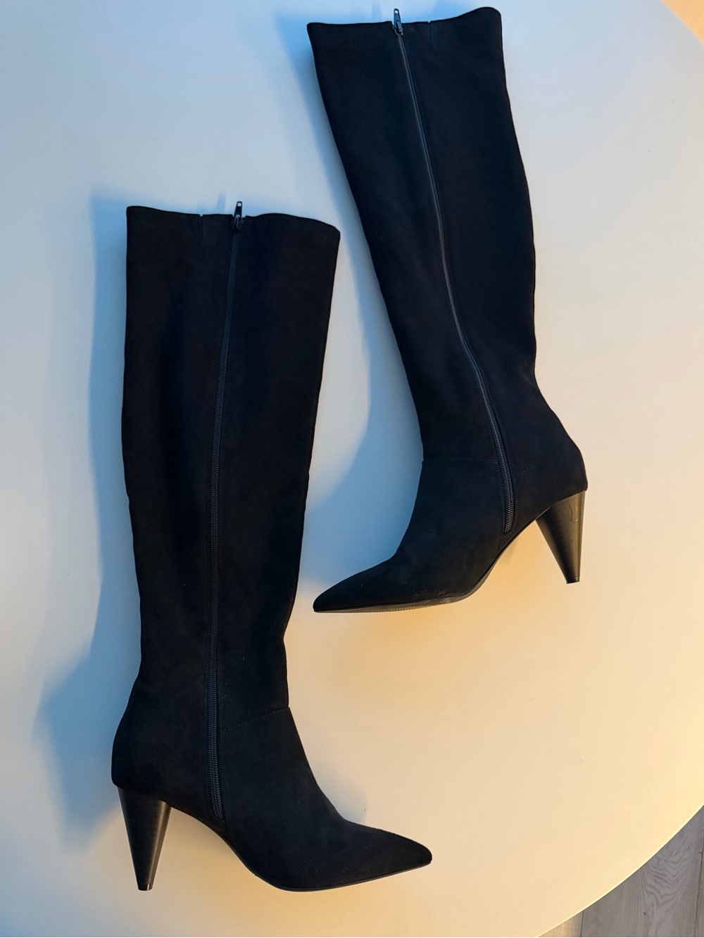 Women's Black suede Knee-High Pointed Toe Heel Boots with zipper